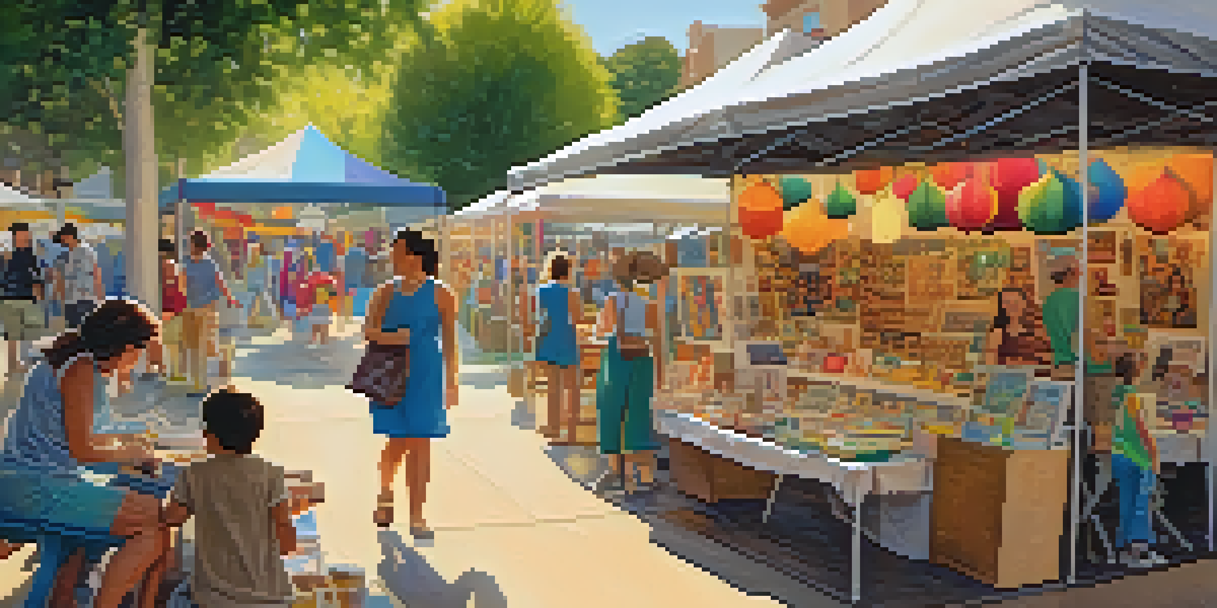 A family enjoying a Pasadena craft fair, with colorful booths and children engaging in crafts under the warm sunlight.