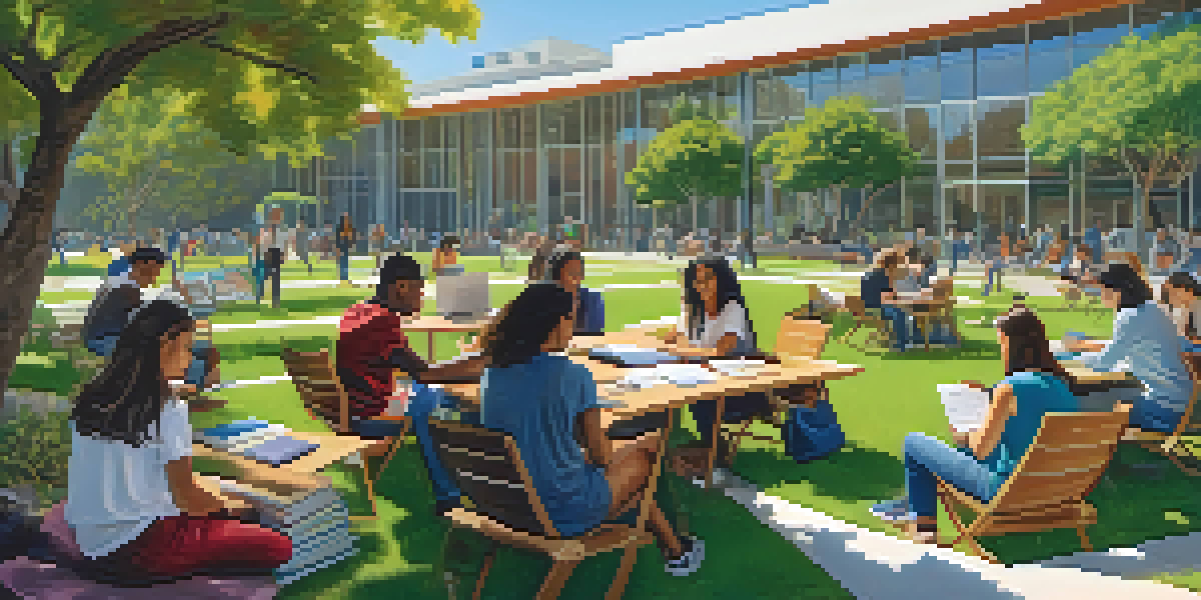 A diverse group of students collaborating at Pasadena City College, with modern architecture and greenery in the background.