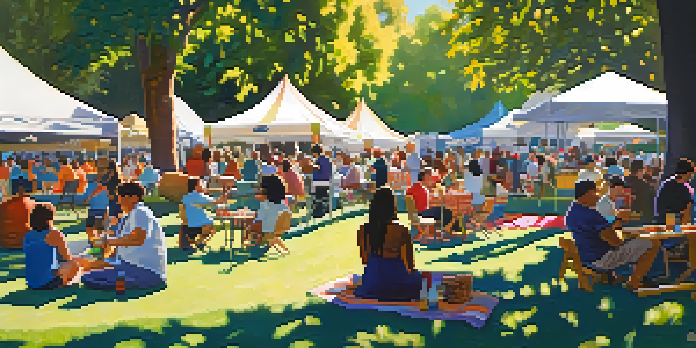 A lively outdoor festival scene in a park, with people enjoying jazz music, sitting on blankets, and surrounded by food vendors.