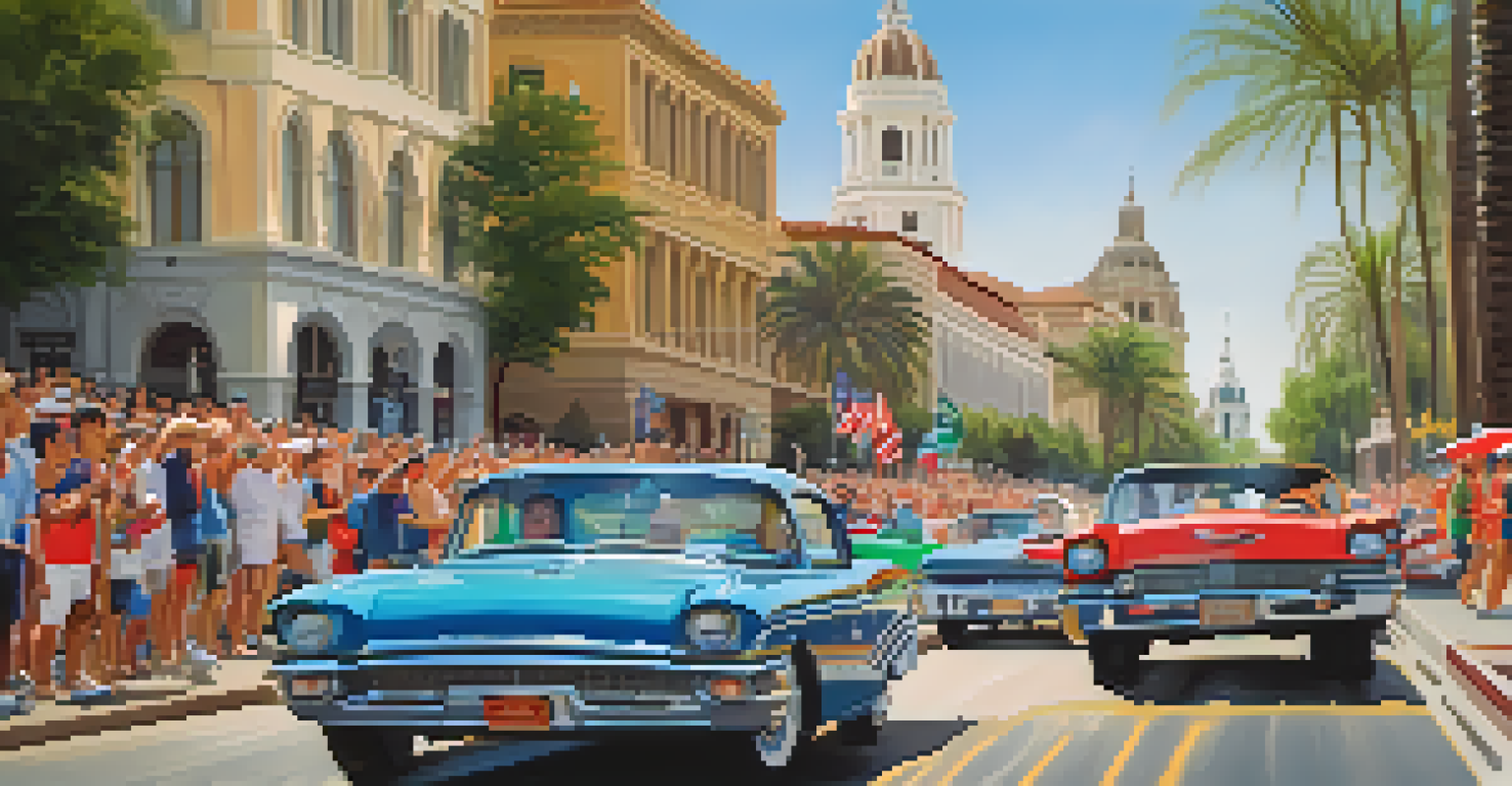 Contestants racing through Pasadena's historic district with City Hall in the background and excited spectators.