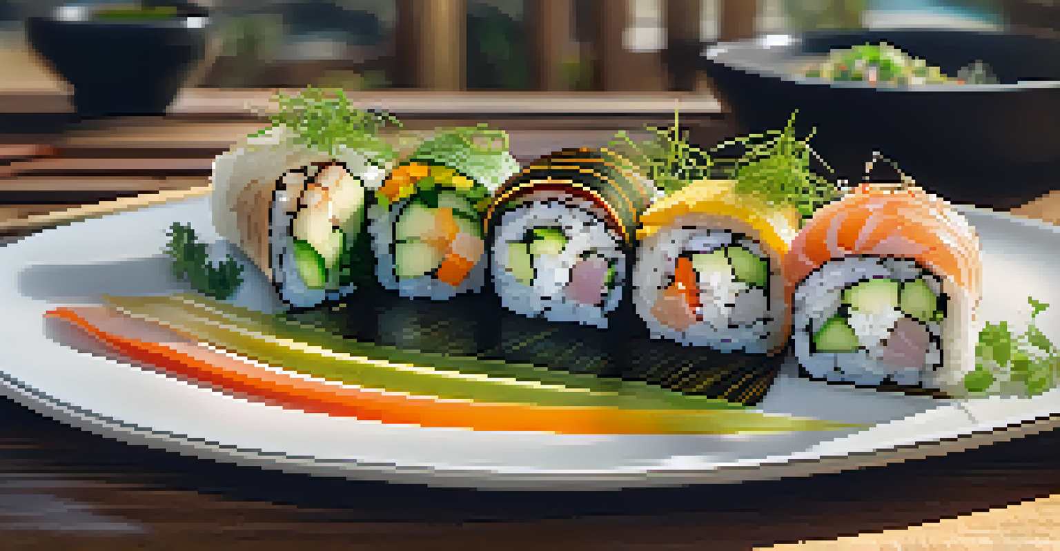 A sushi burrito beautifully plated on a wooden table, filled with fresh ingredients and garnished with sesame seeds and microgreens.