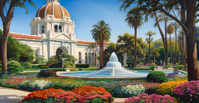 A view of Pasadena City Hall with its dome and landscaped gardens, featuring colorful flowers against a clear sky.