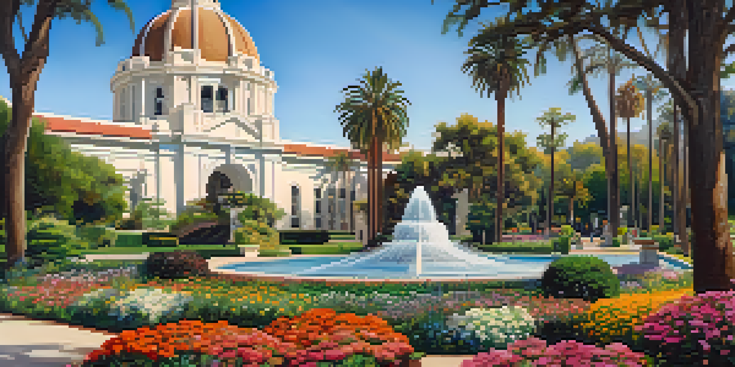 A view of Pasadena City Hall with its dome and landscaped gardens, featuring colorful flowers against a clear sky.
