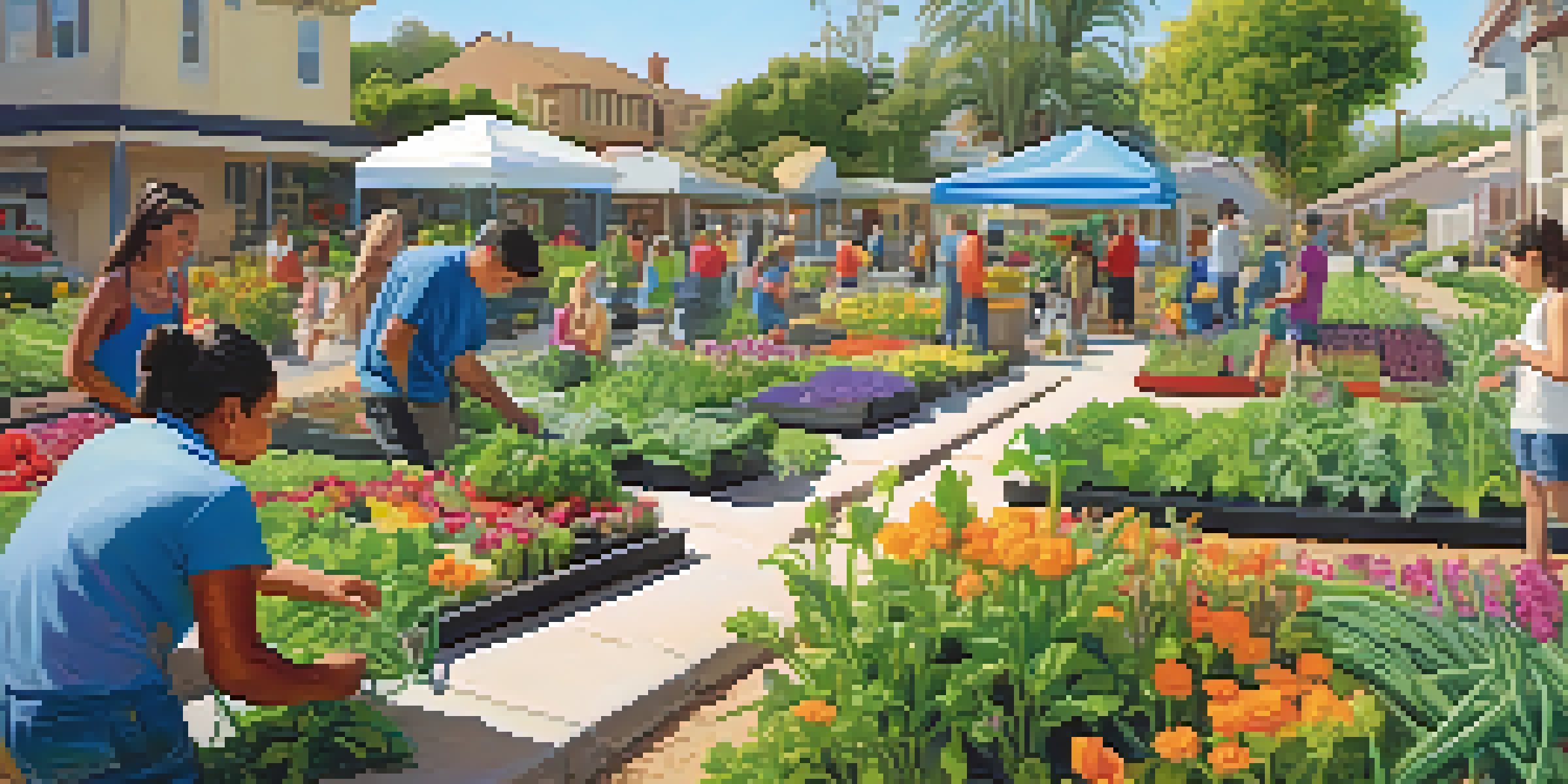 A sunny community garden scene with students and residents planting flowers and vegetables together, surrounded by palm trees and houses.