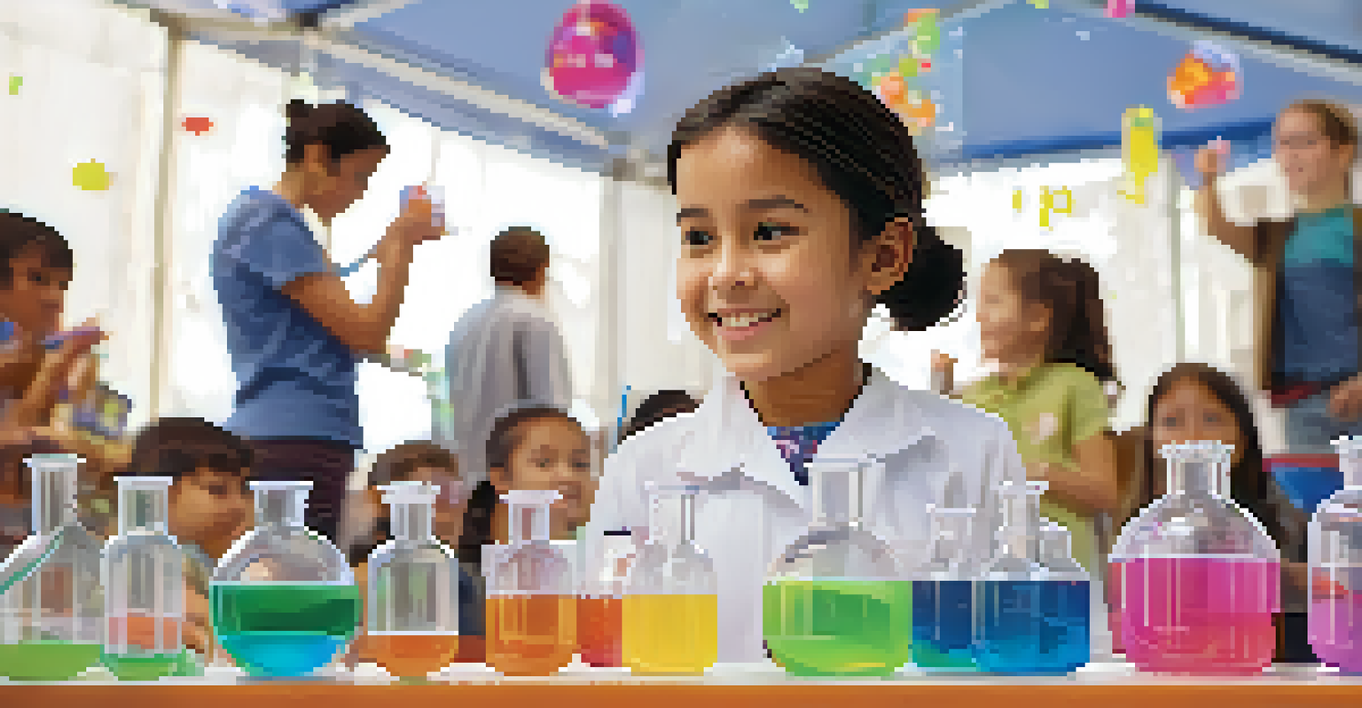 A young girl happily conducting a science experiment with beakers and colorful liquids at a science event.