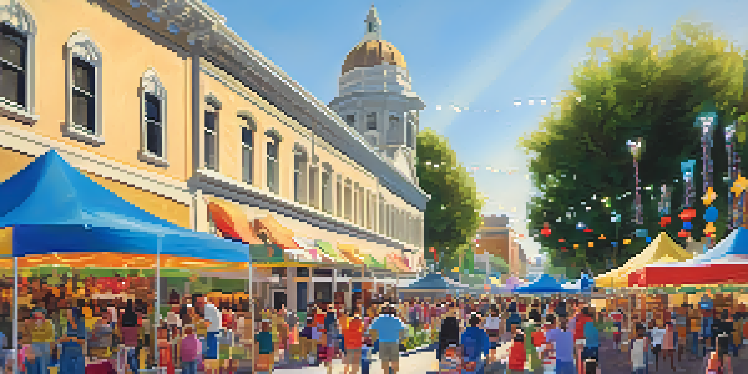 A lively community festival in Pasadena with families enjoying activities in front of historic buildings, adorned with colorful banners under warm sunlight.