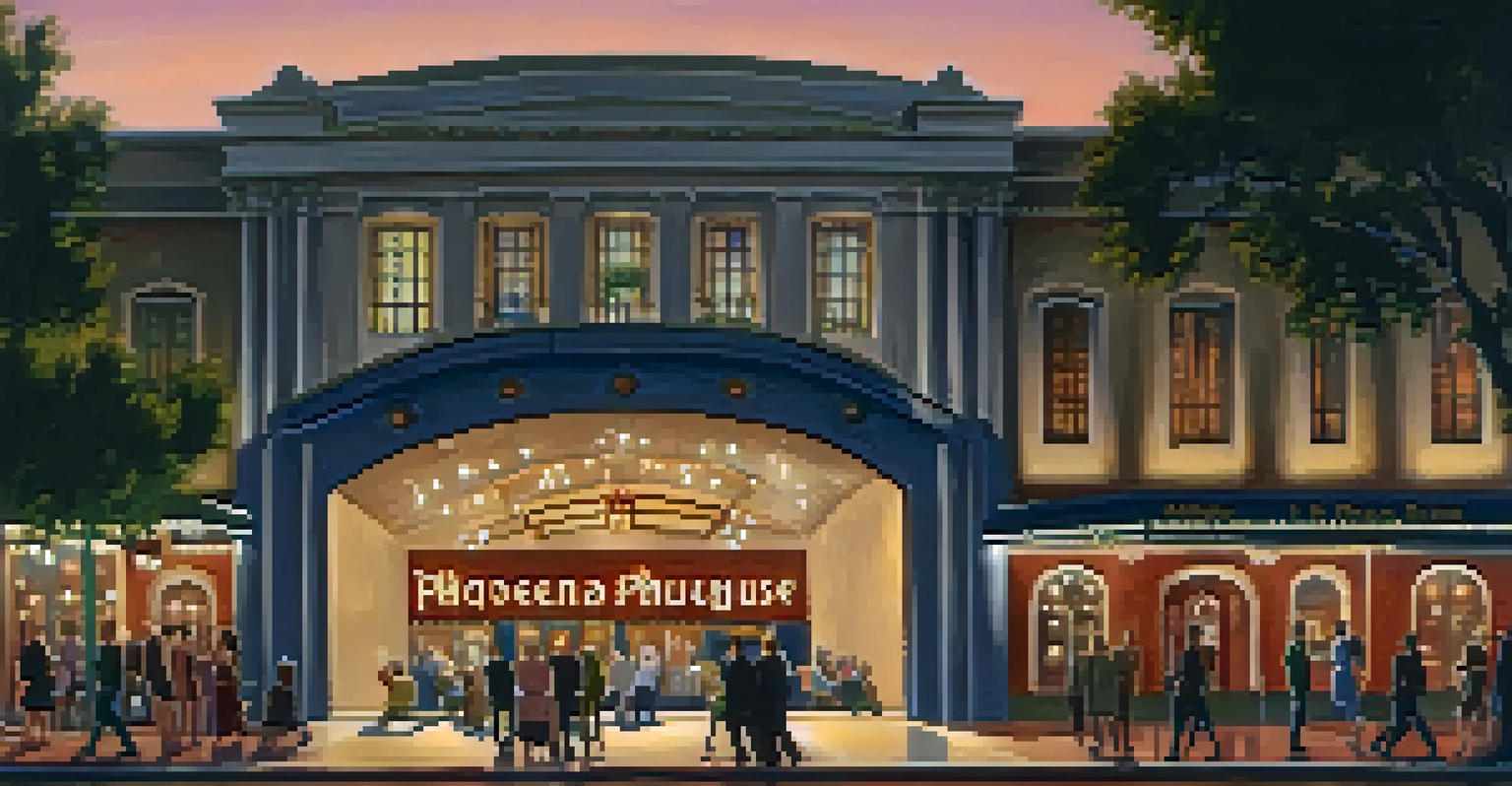 The Pasadena Playhouse at night, glowing with lights and filled with people arriving for a theater performance.