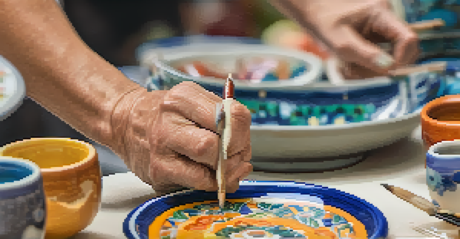 An artisan's hands delicately painting a ceramic piece at a craft fair, with colorful crafts and warm lighting in the background.