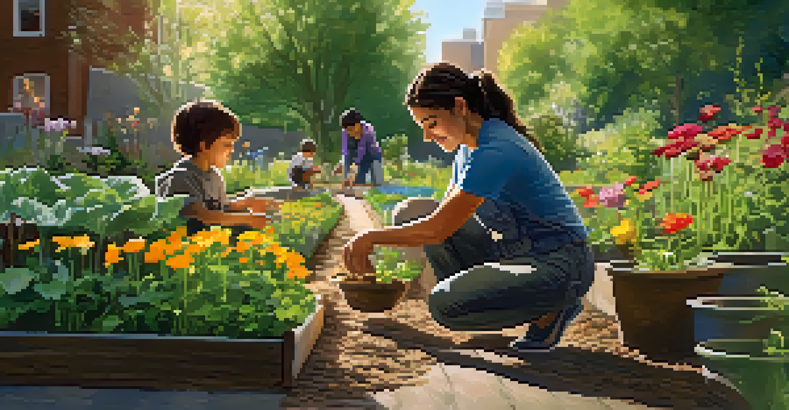 A volunteer teaching a child about gardening in a vibrant urban garden filled with flowers and greenery.