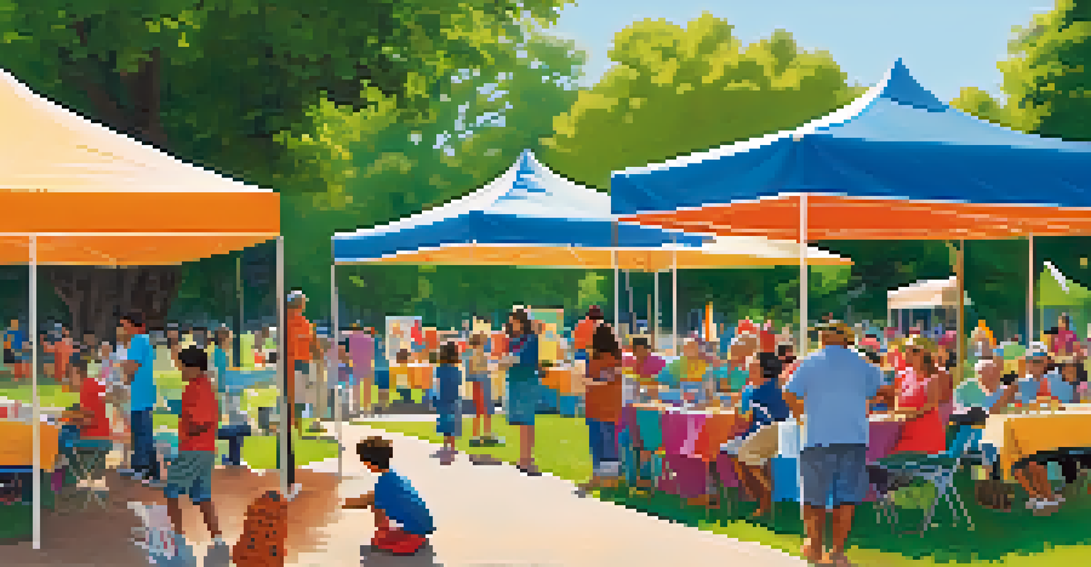 A community event in a Pasadena park with residents participating in activities and colorful booths.