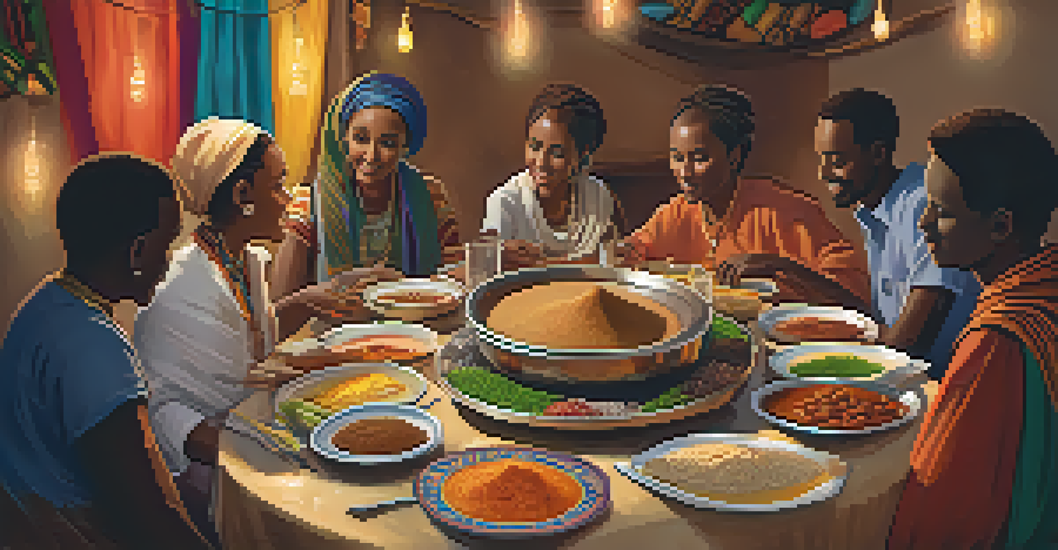 A family enjoying a communal Ethiopian meal with injera and various stews on a round platter.