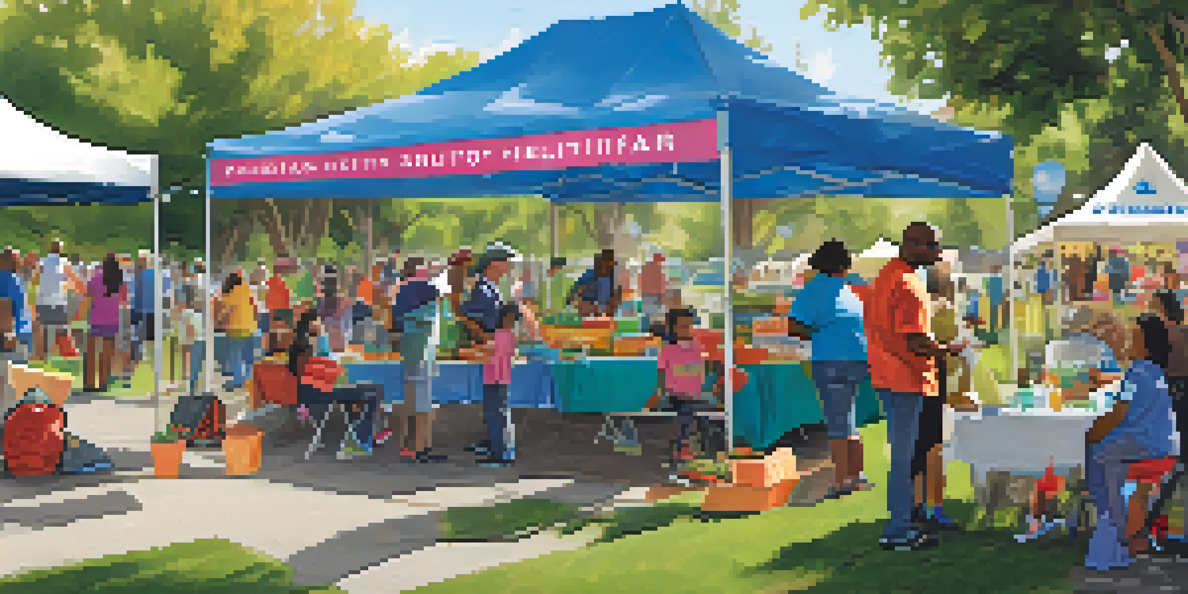 A lively community health fair in Pasadena with diverse residents participating in health screenings and nutrition workshops under colorful tents in a sunny park.