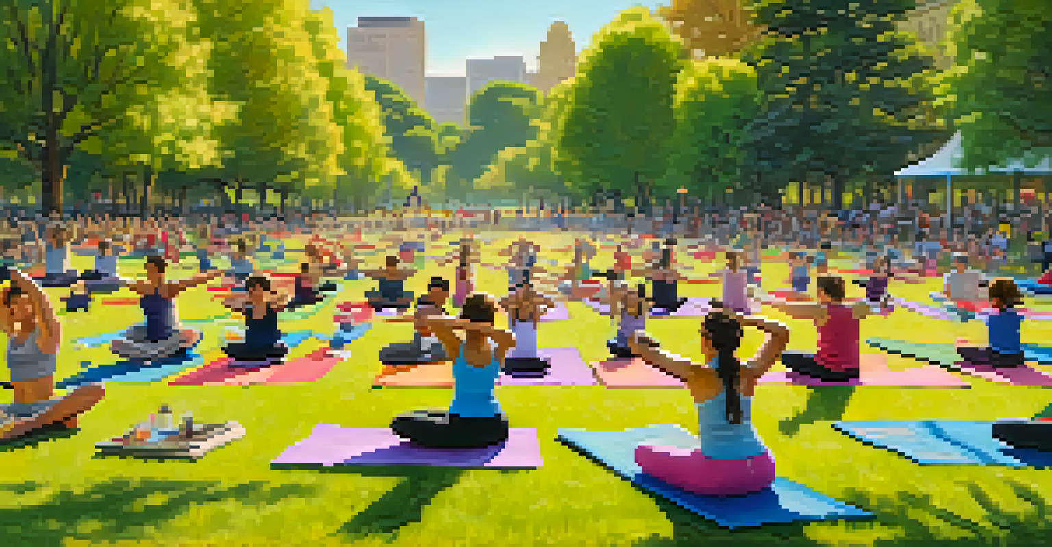 Families engaging in an outdoor yoga class in a park, surrounded by greenery and flowers.