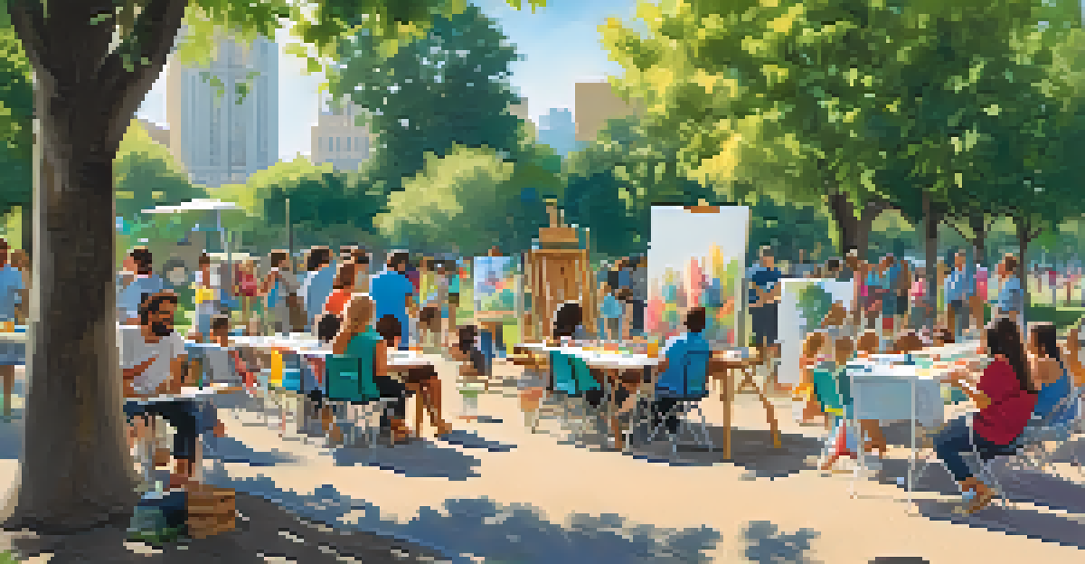 Community members participating in an outdoor art workshop in a park, creating art together.