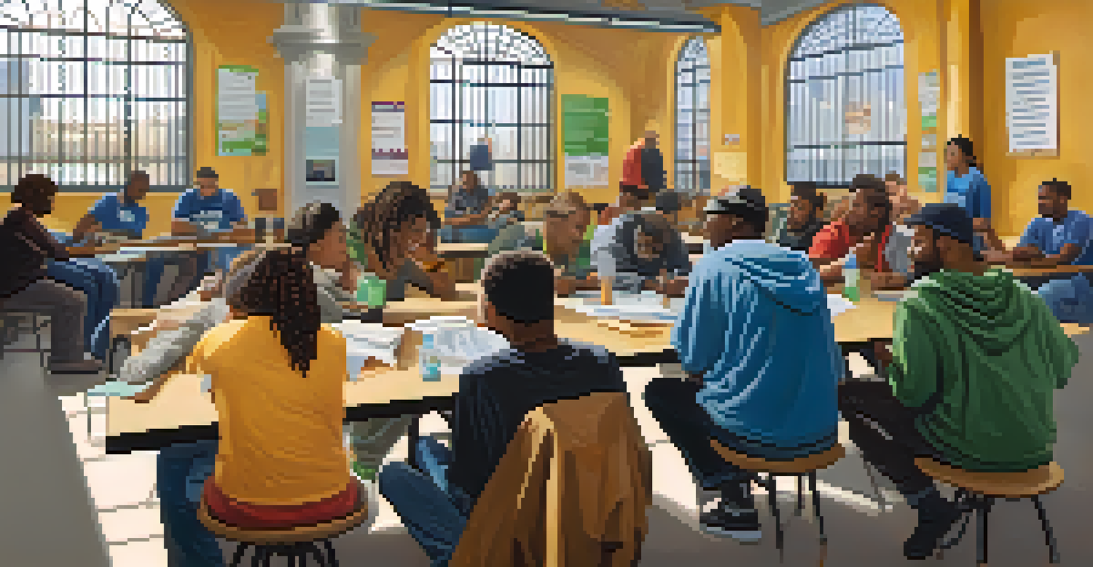 A job training session at Union Station Homeless Services, featuring diverse individuals engaging in learning activities in a bright classroom.