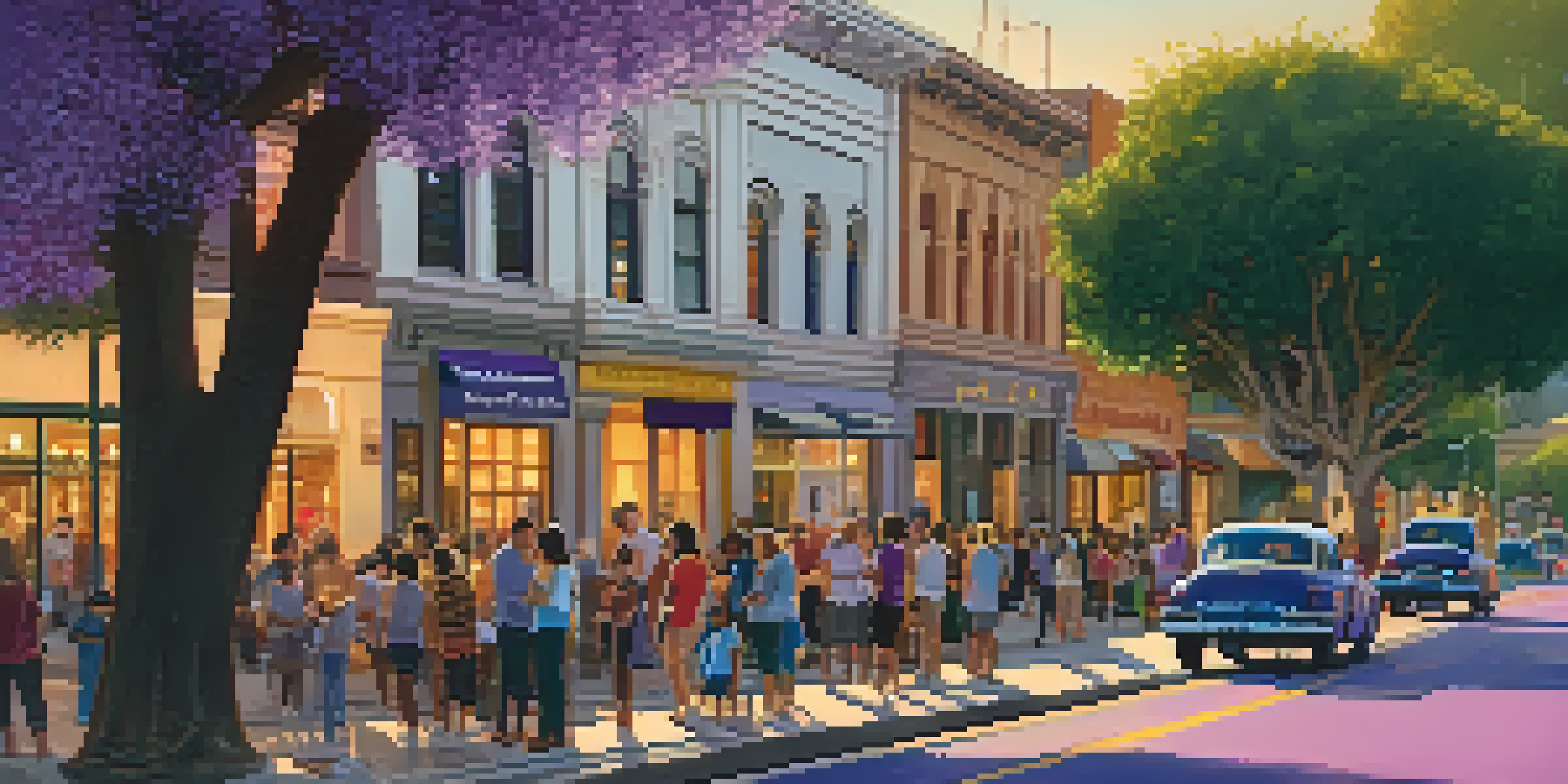 A lively street scene in Pasadena with historic buildings, blooming jacaranda trees, and people discussing books during a literary festival.