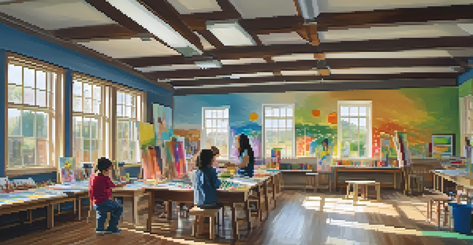 A community workshop where a local artist teaches children to paint, with vibrant art supplies and student artwork on display.