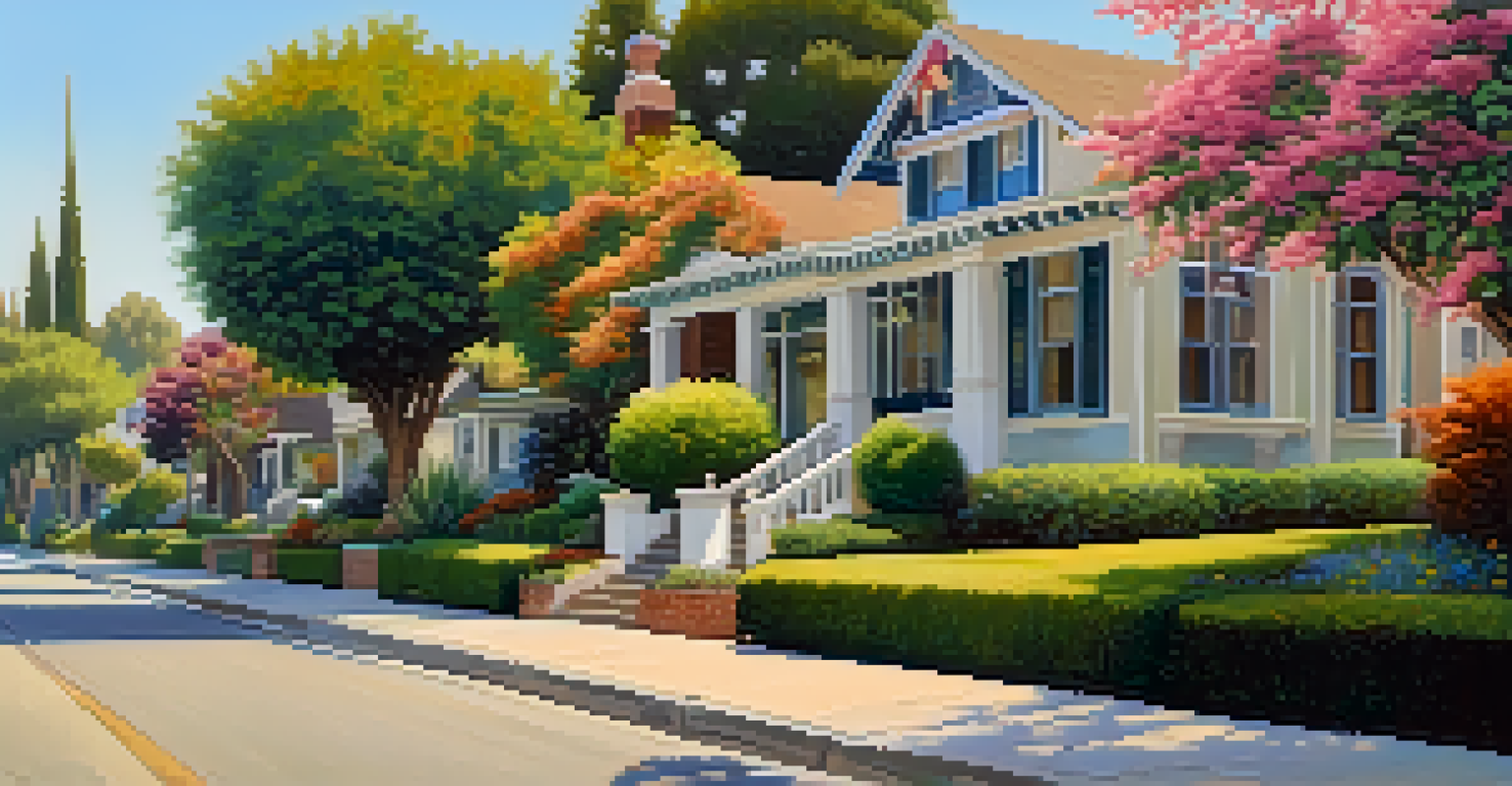 A charming street in Pasadena with Craftsman-style homes, colorful flowers, and clear blue skies, showcasing a historic district.