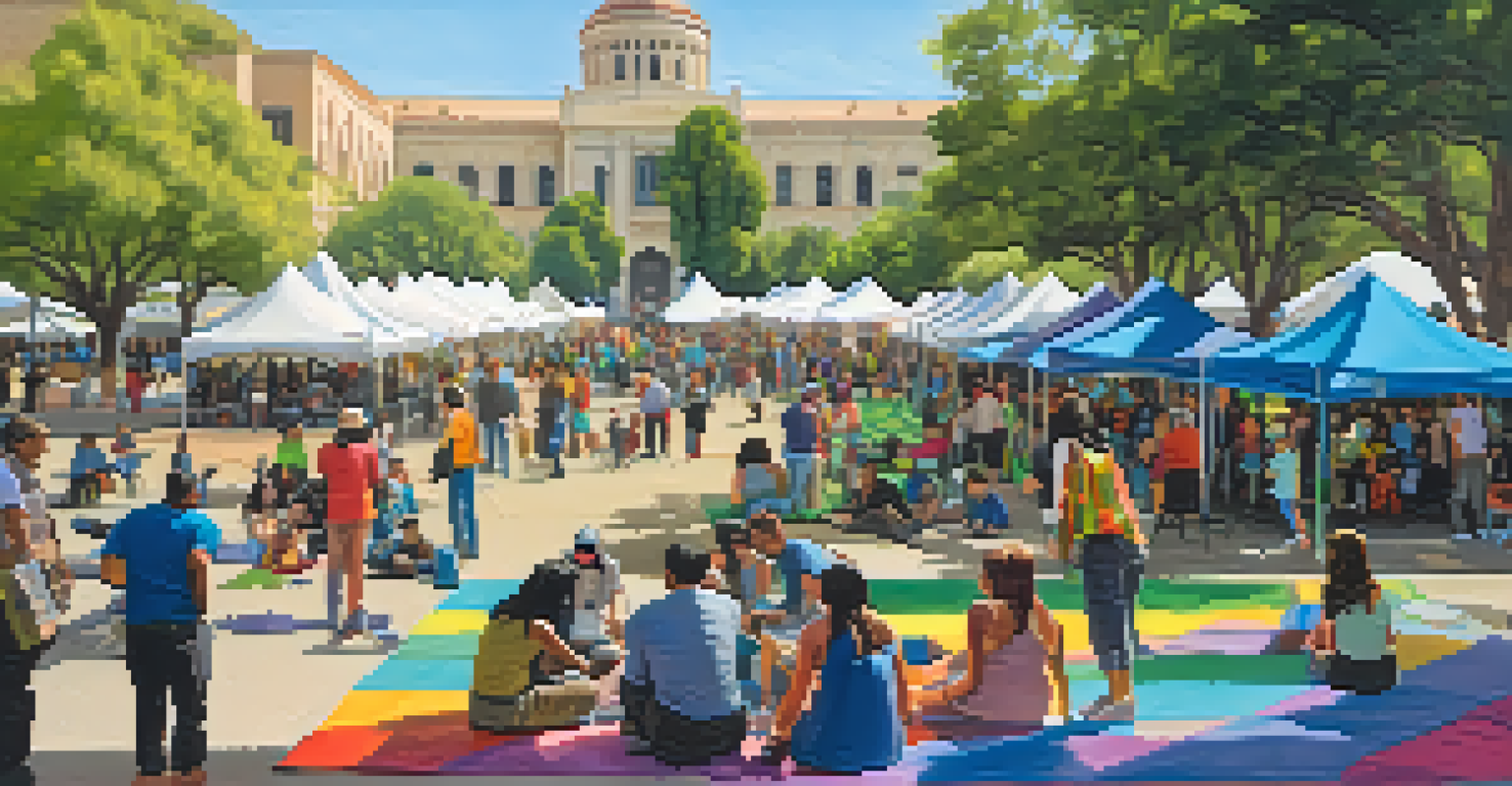 A community event in Pasadena's Civic Center with diverse people and colorful art festival tents.