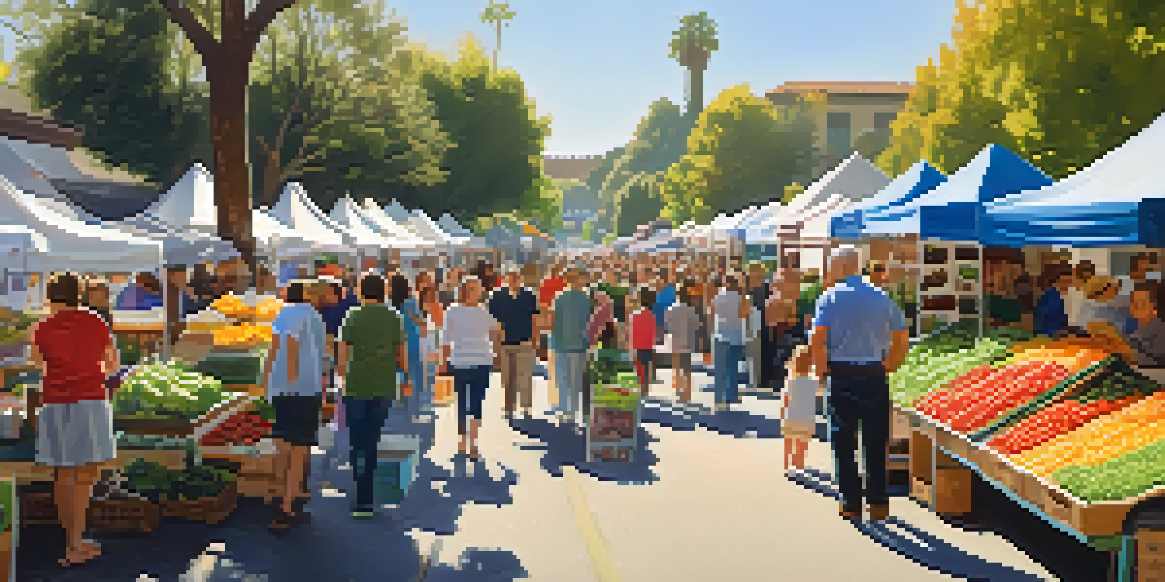 A lively farmers' market in Pasadena with colorful stalls of fresh produce and flowers, families shopping, and children playing under the sunny sky.