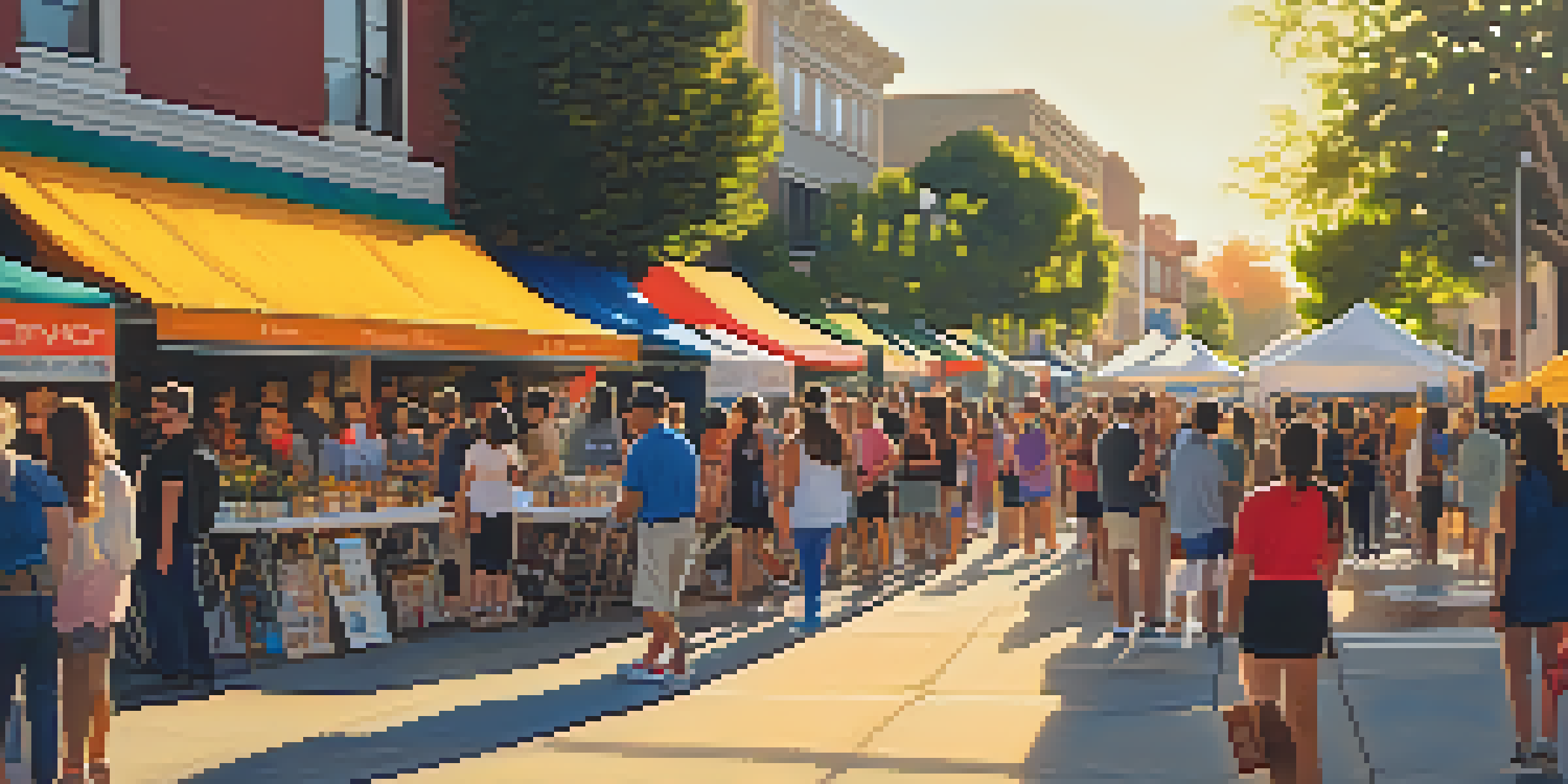 A lively street filled with people enjoying the Pasadena Art Walk, with colorful art displays and local artists interacting with attendees.