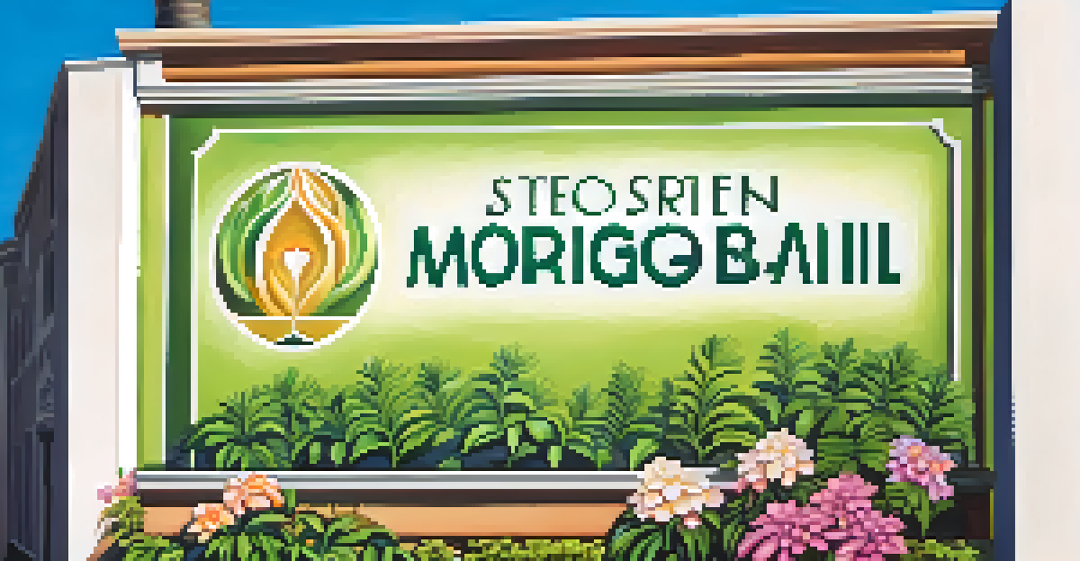 A close-up of a mortgage rate board outside a bank in Pasadena, surrounded by greenery and flowers.