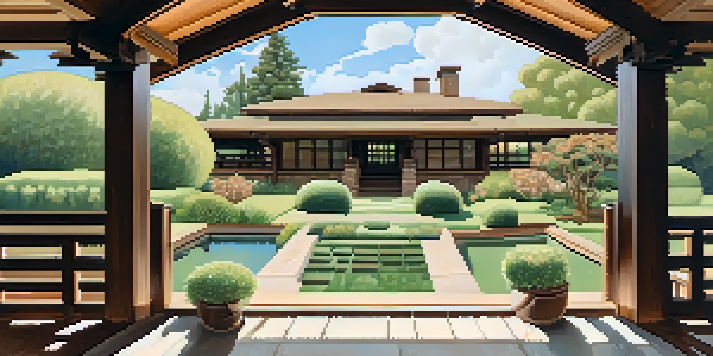 A view of the Gamble House, highlighting its Craftsman architecture surrounded by green trees and sunlight.