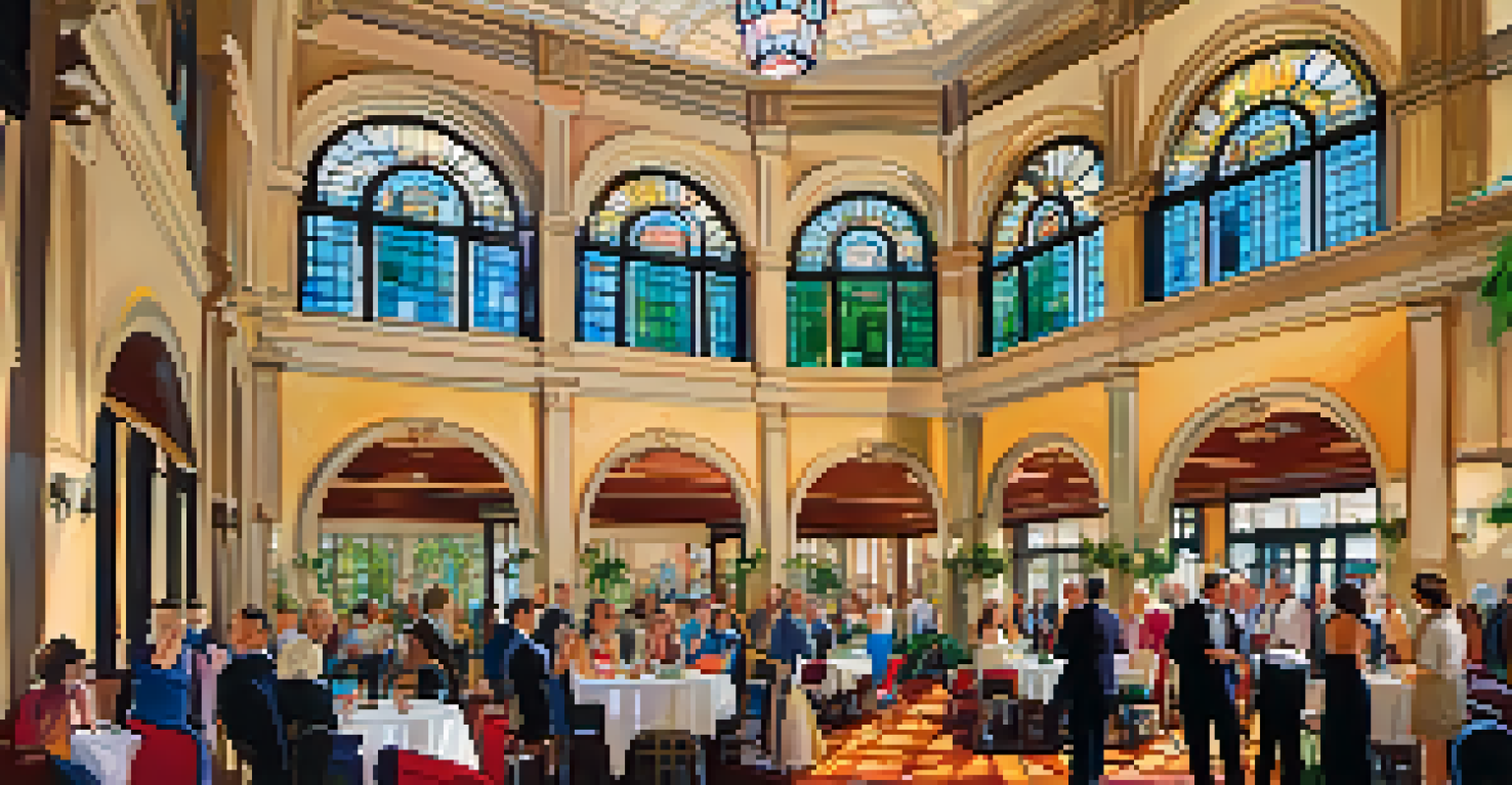 A community event in the grand lobby of a historic hotel in Pasadena with local artists and live music.