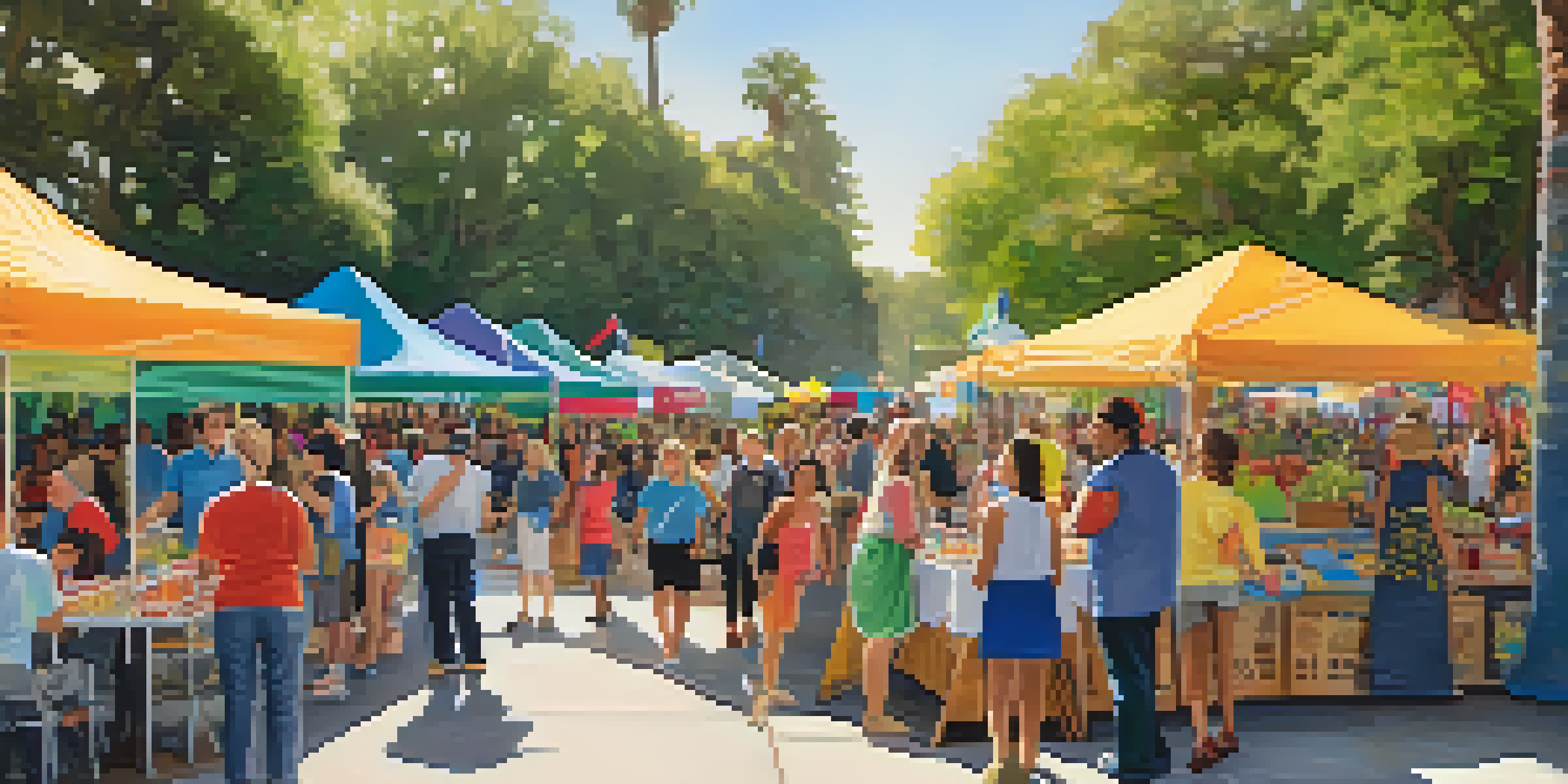 A lively community event in a sunny park, featuring diverse individuals volunteering and interacting amidst colorful banners and food stalls.