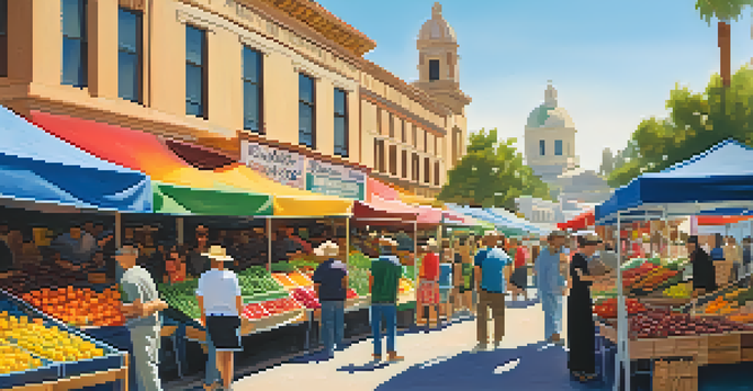 A bustling farmer's market in Pasadena, featuring colorful fruit and vegetable stalls and shoppers interacting with artisans under sunny skies.
