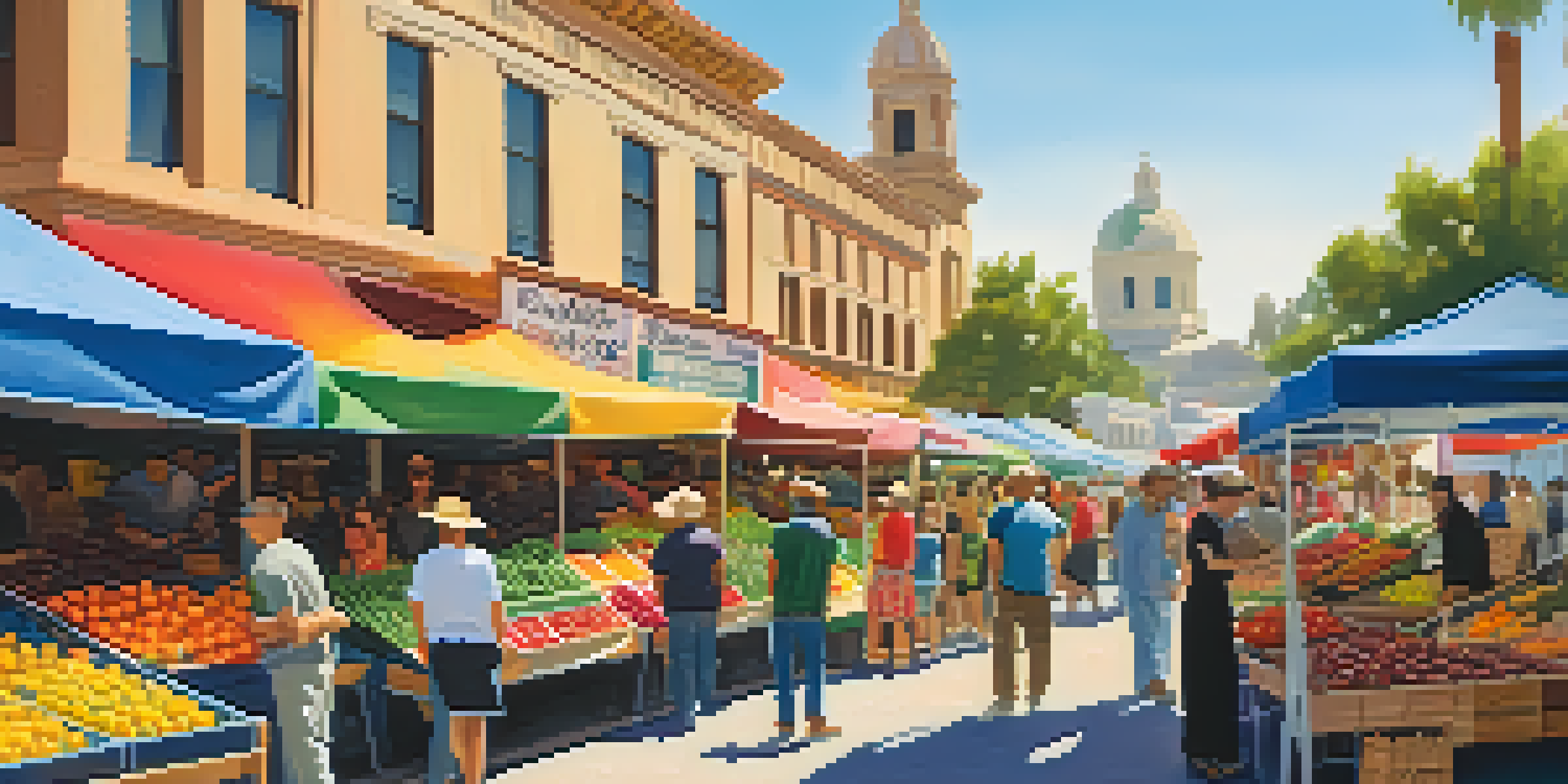 A bustling farmer's market in Pasadena, featuring colorful fruit and vegetable stalls and shoppers interacting with artisans under sunny skies.