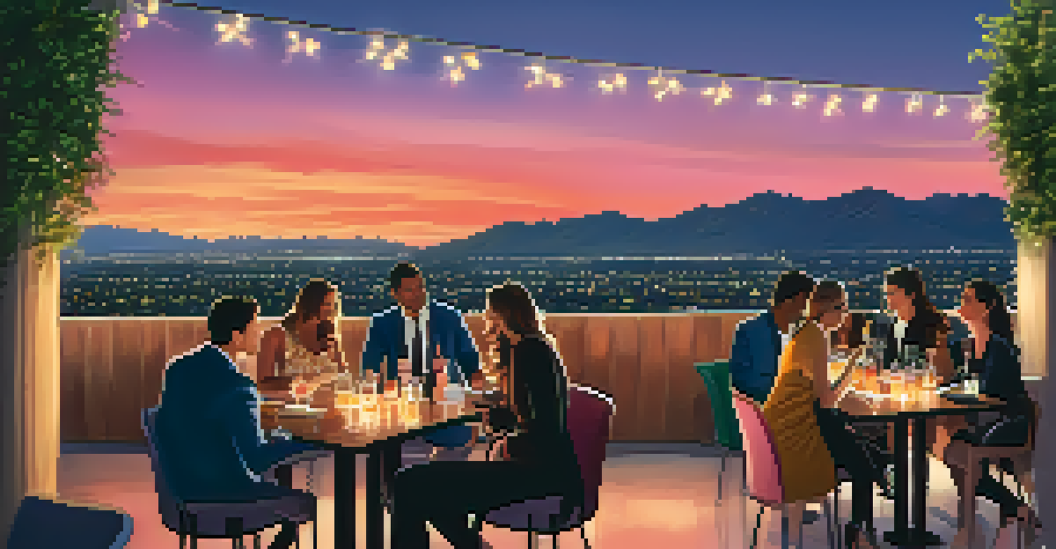 A picturesque sunset view from a rooftop bar with guests enjoying cocktails, mountains in the background, and twinkling fairy lights.