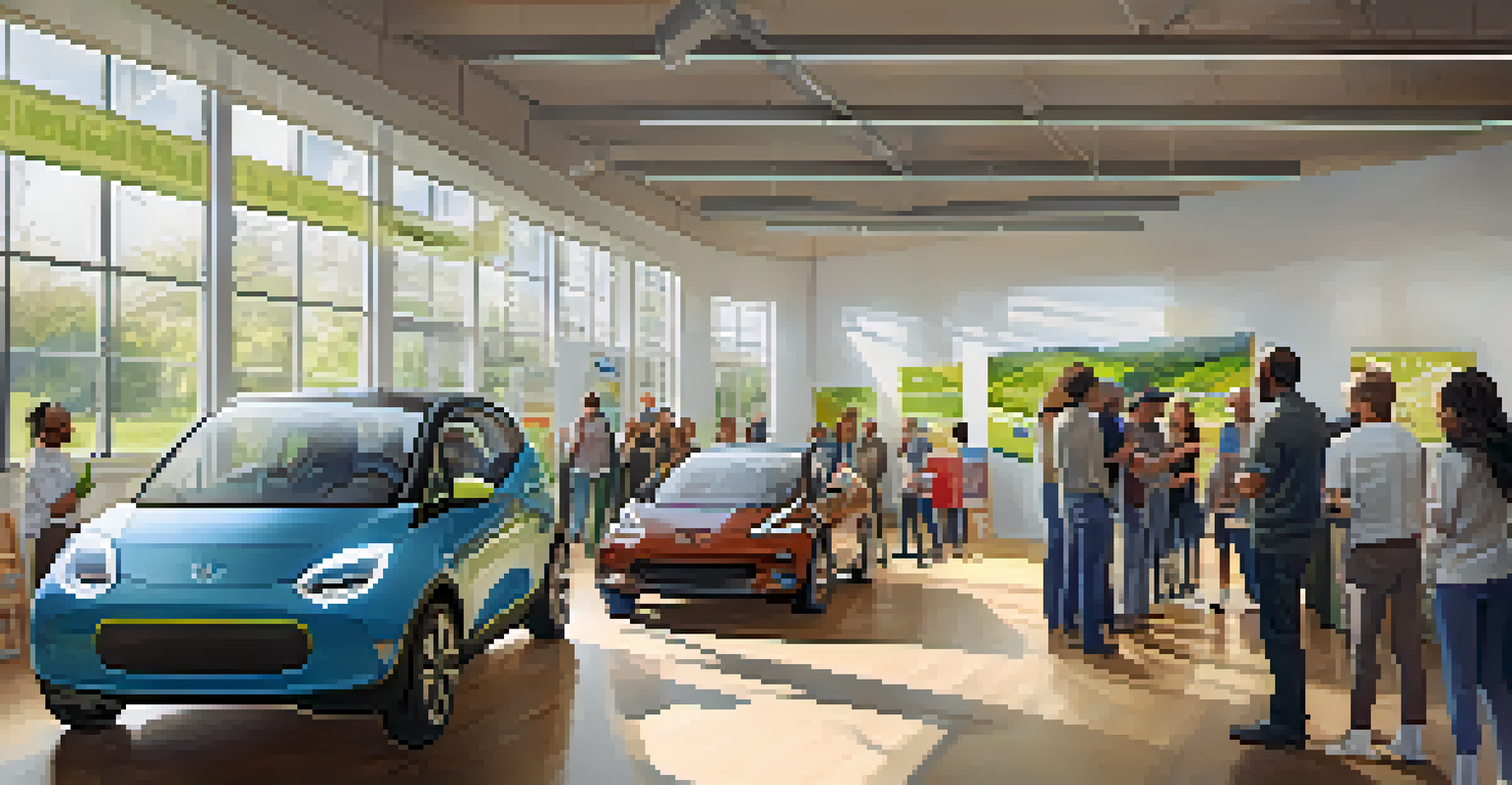 A community workshop on electric vehicles with diverse attendees learning about EV technology and benefits in a bright space.