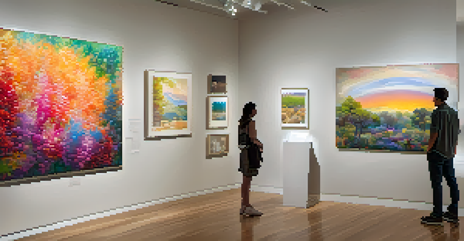 An exhibition in Pasadena showcasing collaborative artworks with visitors admiring the pieces in a warmly lit gallery.