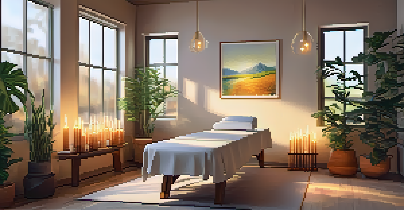 A cozy room with a massage table, candles, and essential oils, creating a tranquil atmosphere for holistic healing.