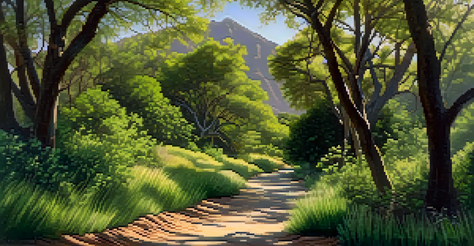 A serene hiking trail in Hahamongna Watershed Park surrounded by vibrant green trees and mountains in the background, with sunlight filtering through the leaves.