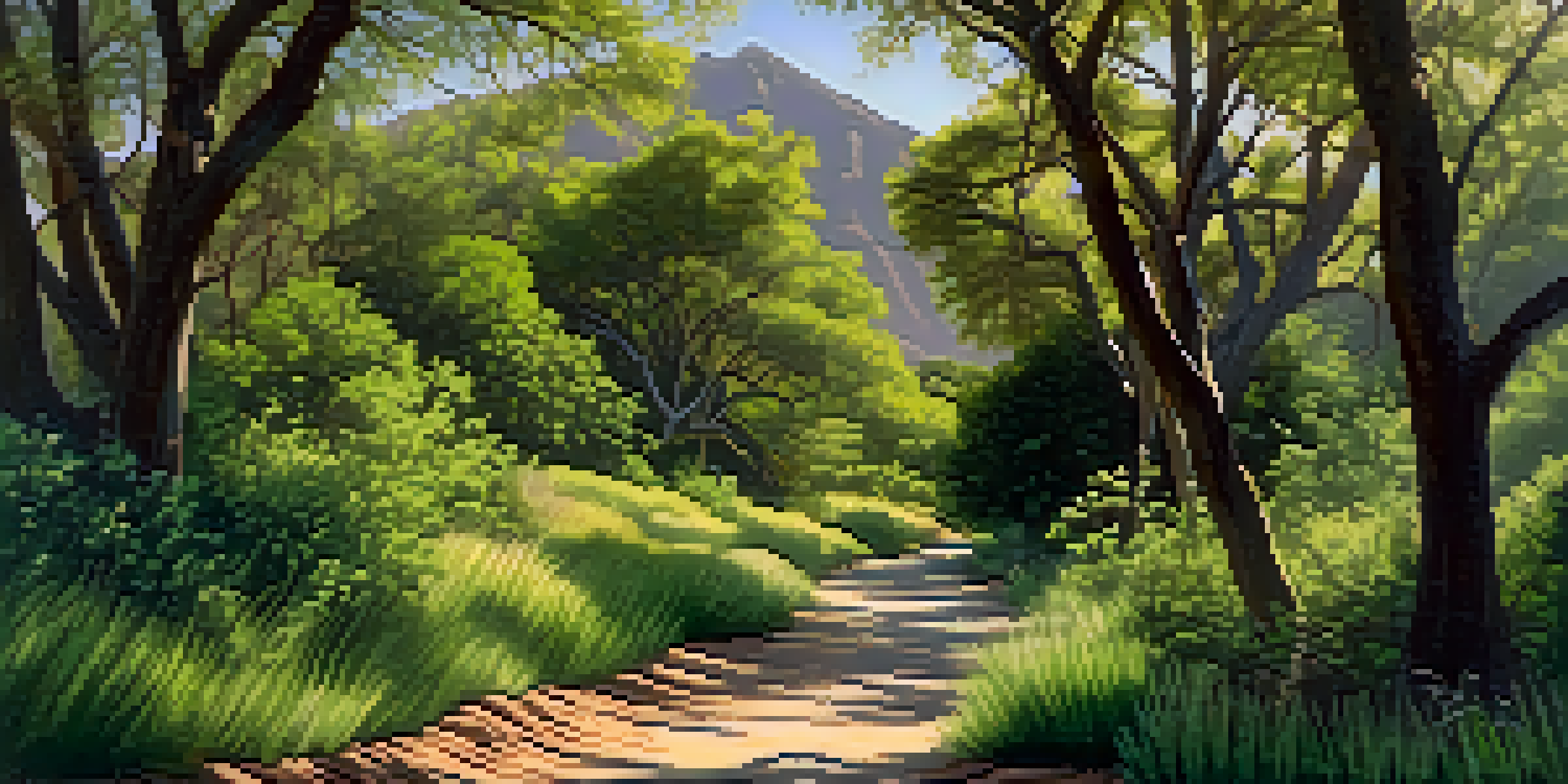 A serene hiking trail in Hahamongna Watershed Park surrounded by vibrant green trees and mountains in the background, with sunlight filtering through the leaves.
