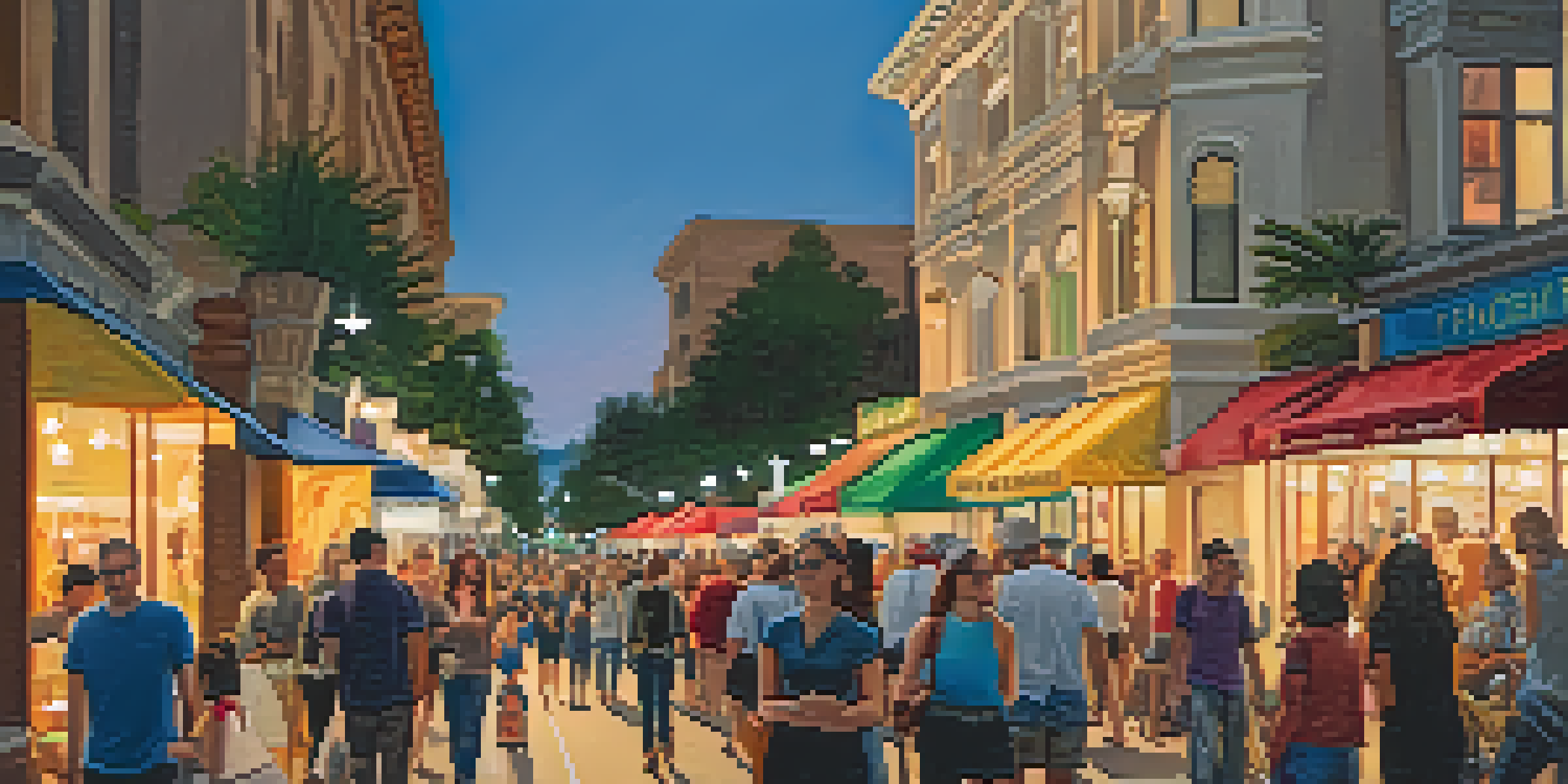 A busy street during an art walk in Pasadena, with crowds of people, artists showcasing their artwork, and a warm golden light illuminating the scene.
