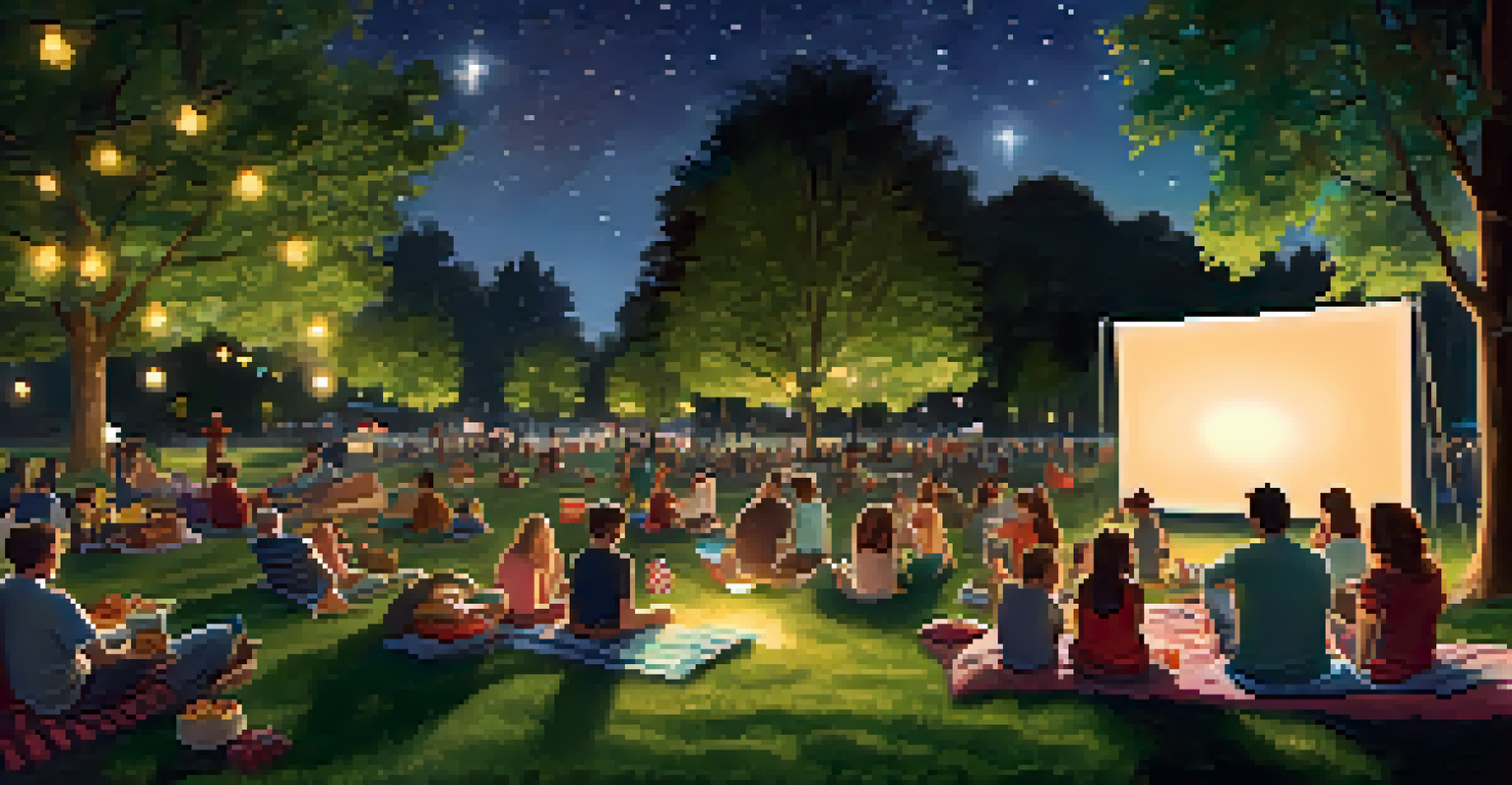 An outdoor movie night in a Pasadena park with families and friends enjoying a film under the stars, surrounded by fairy lights.