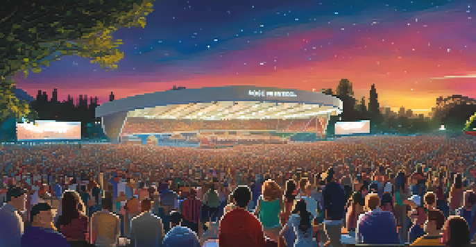 A lively outdoor concert at the Rose Bowl with a large crowd under the stars, featuring colorful stage lights and people enjoying the atmosphere.