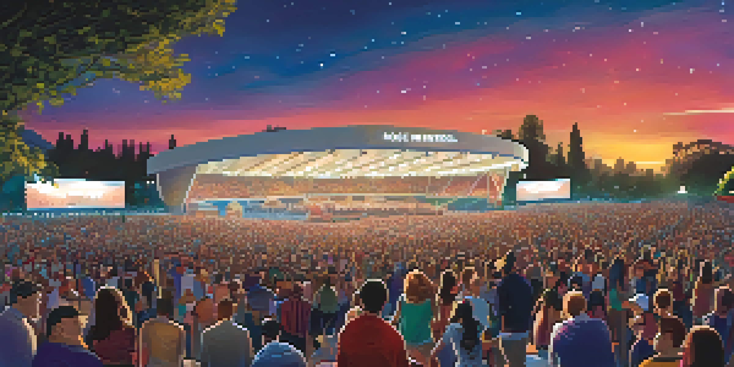 A lively outdoor concert at the Rose Bowl with a large crowd under the stars, featuring colorful stage lights and people enjoying the atmosphere.