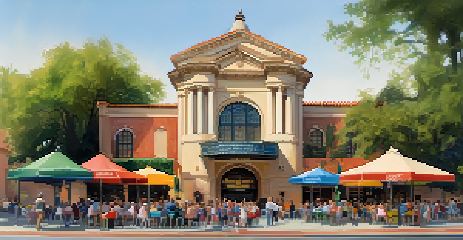 The exterior of the historic Pasadena Playhouse during a community event, featuring colorful banners and people mingling in daylight.