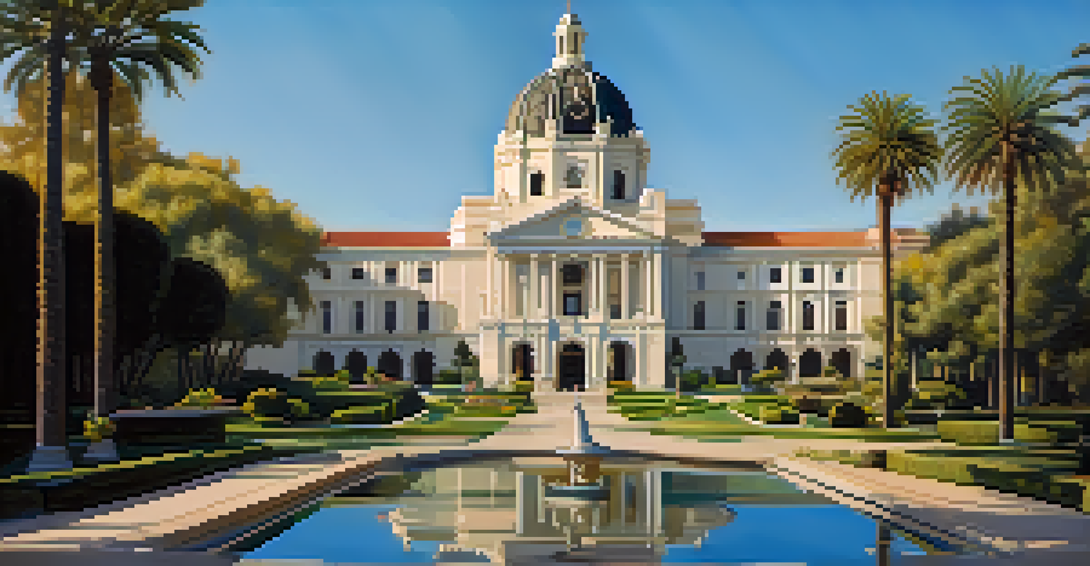 A detailed view of Pasadena City Hall's dome and architecture with a blue sky and gardens in the foreground.