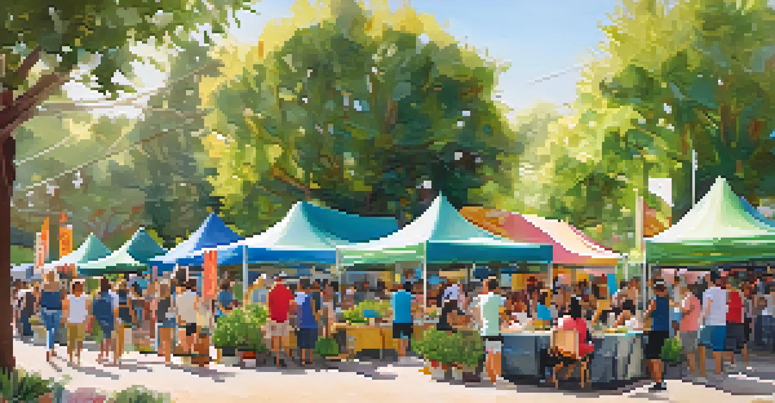 A busy scene at the Pasadena Green Festival with food stalls and people engaging in yoga and eco-art workshops amidst greenery.