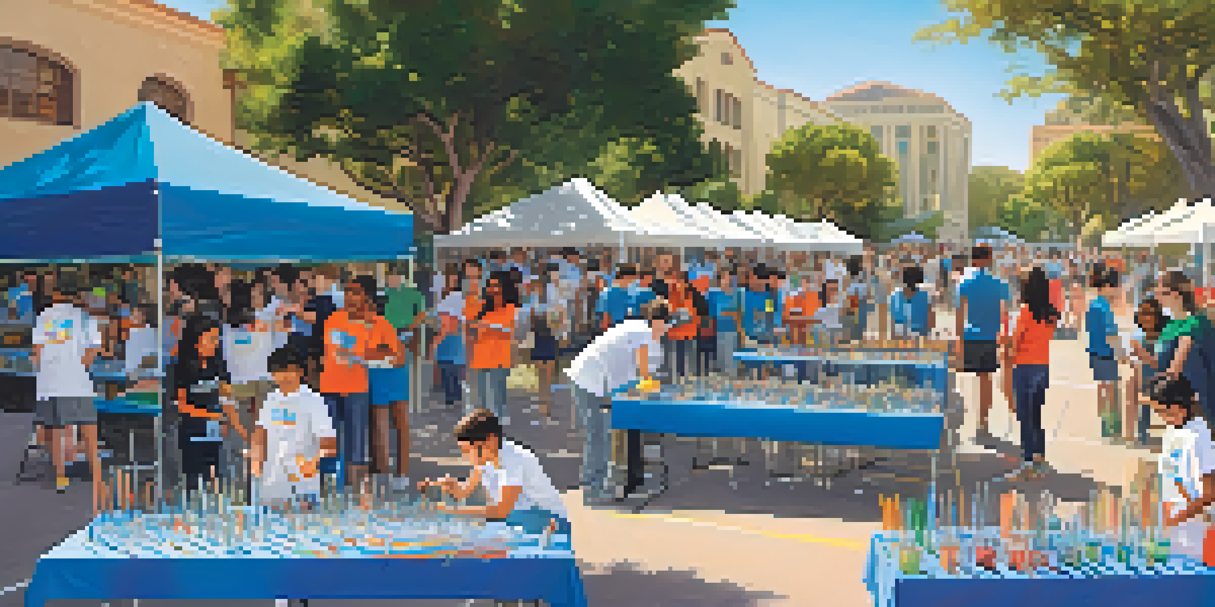 A lively outreach event with local students participating in STEM activities, guided by Caltech volunteers under a clear sky.