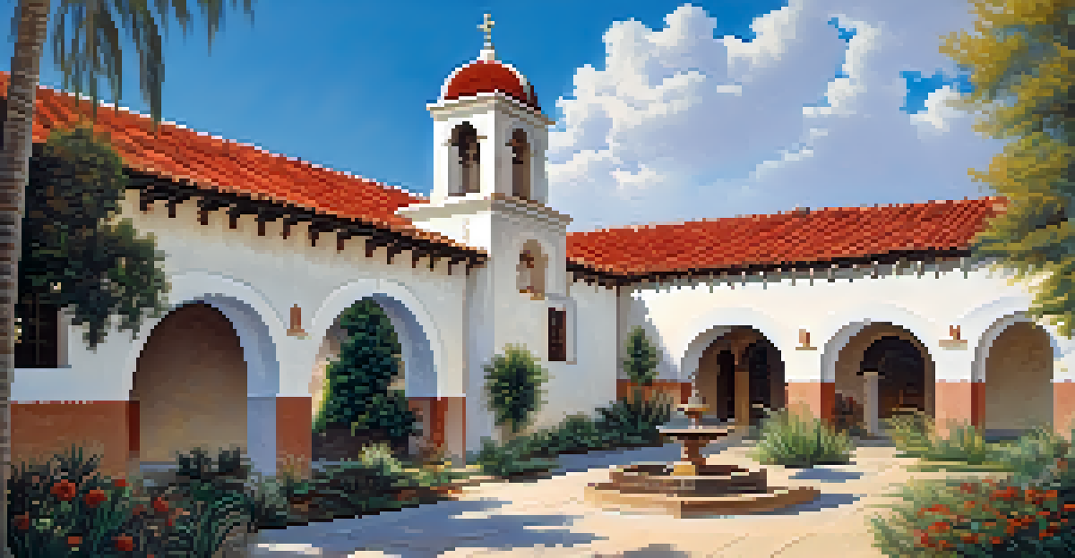 A bright depiction of Mission San Gabriel Arcángel, highlighting its architecture and gardens under a clear blue sky.