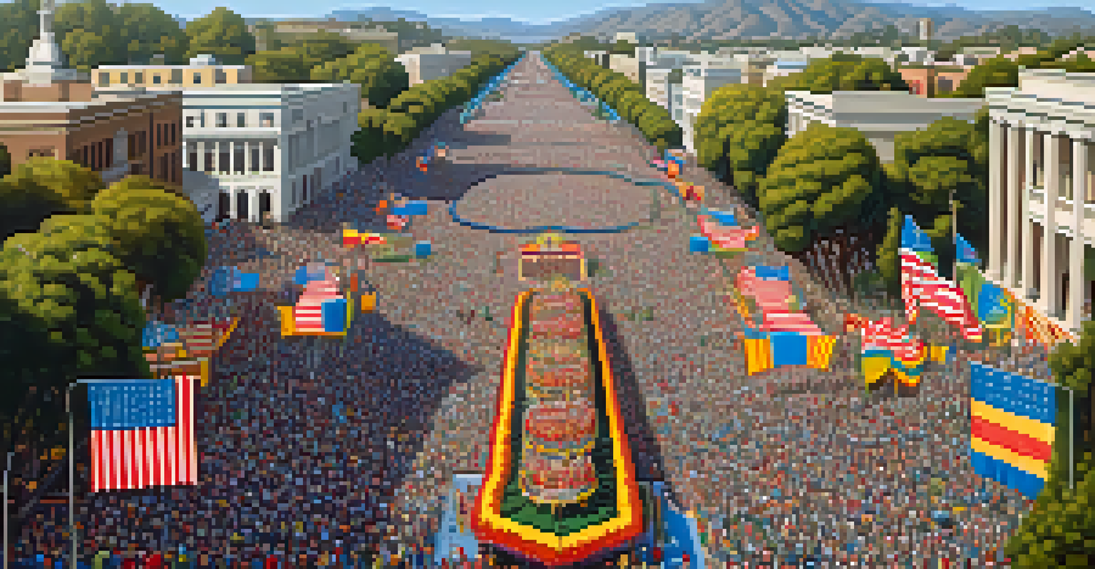An aerial view of the Rose Parade with colorful floats, marching bands, and a lively crowd in Pasadena.