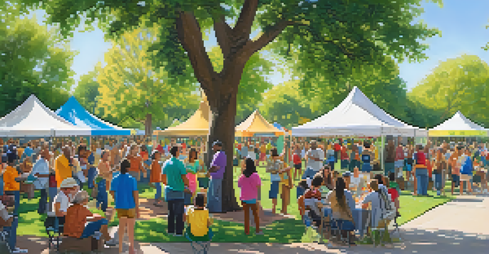 A diverse group of people participating in community activities in a sunny park in Pasadena.