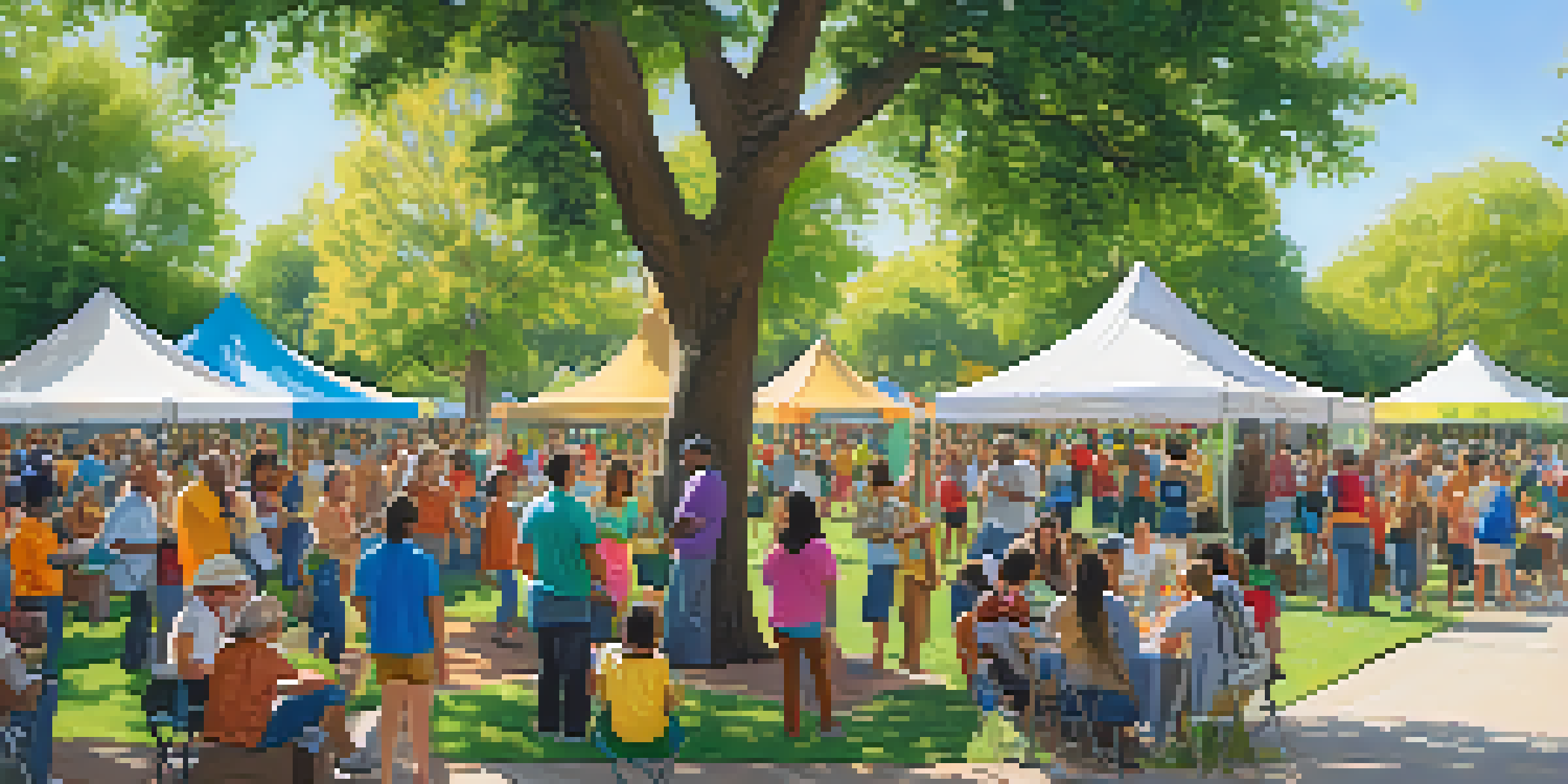 A diverse group of people participating in community activities in a sunny park in Pasadena.