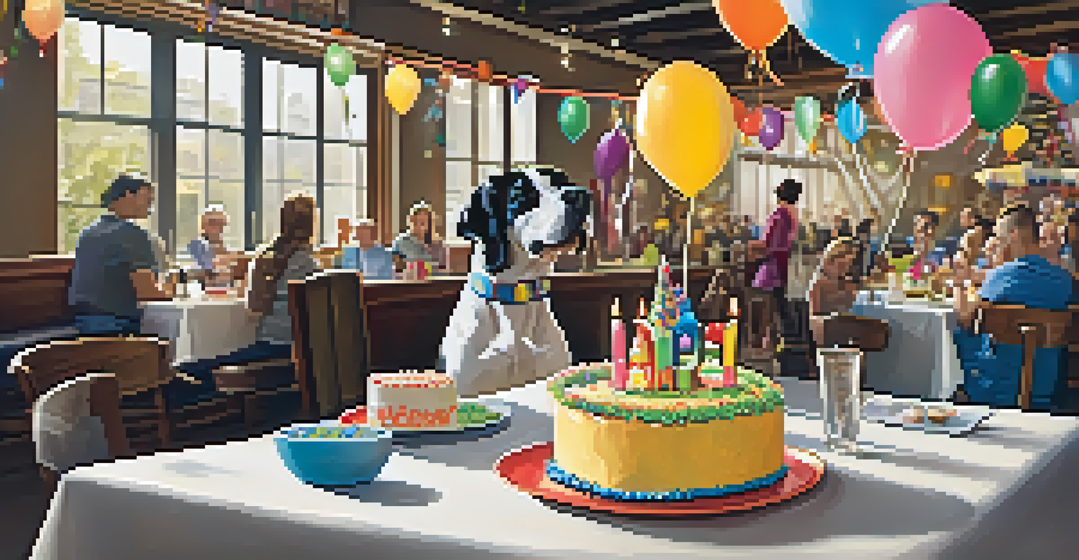 A dog wearing a party hat sitting next to a pet birthday cake in a decorated restaurant setting.